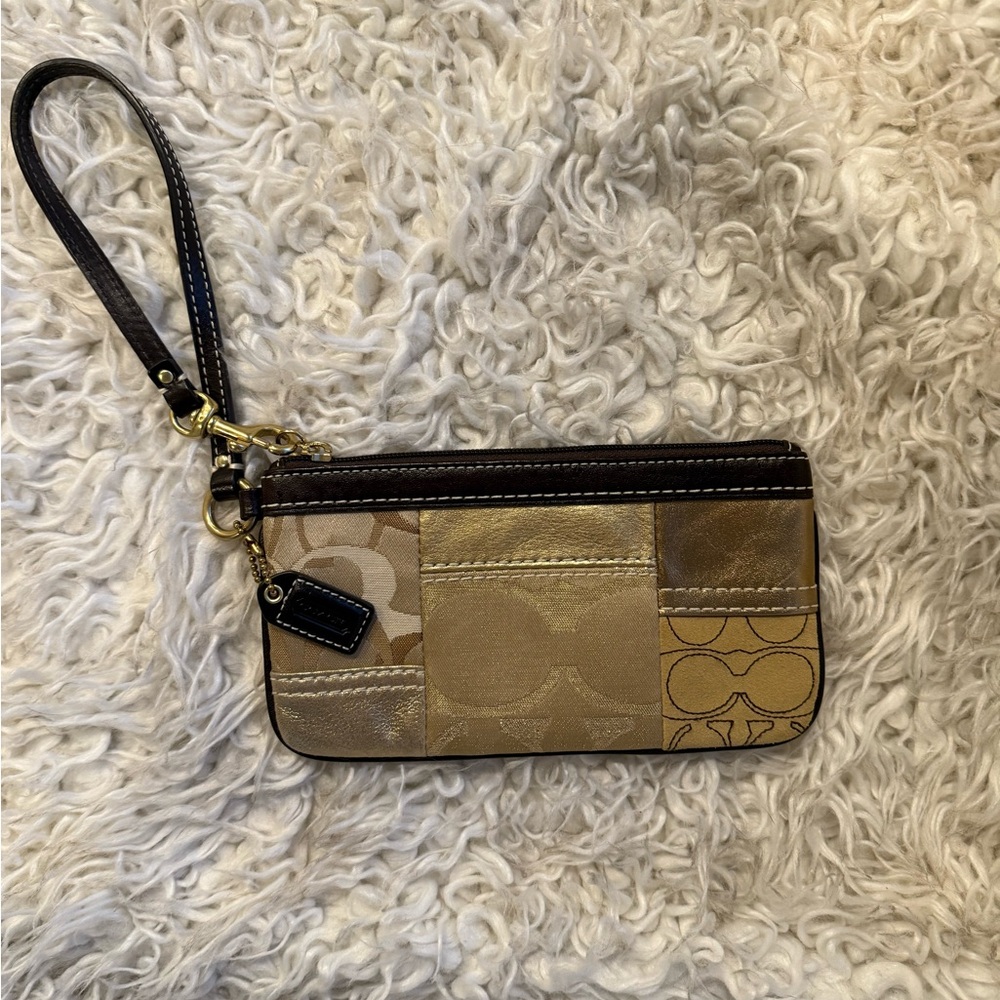 Coach Gold and Brown Patchwork Wristlet